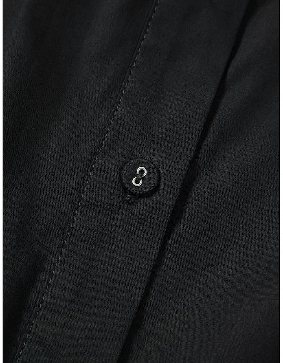 Black Shirt Style Button Down Puff Sleeve Ruffle Hem Dress