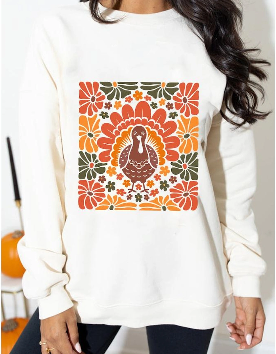 White Thanksgiving Turkey Graphic Holiday Crew Neck Sweatshirt