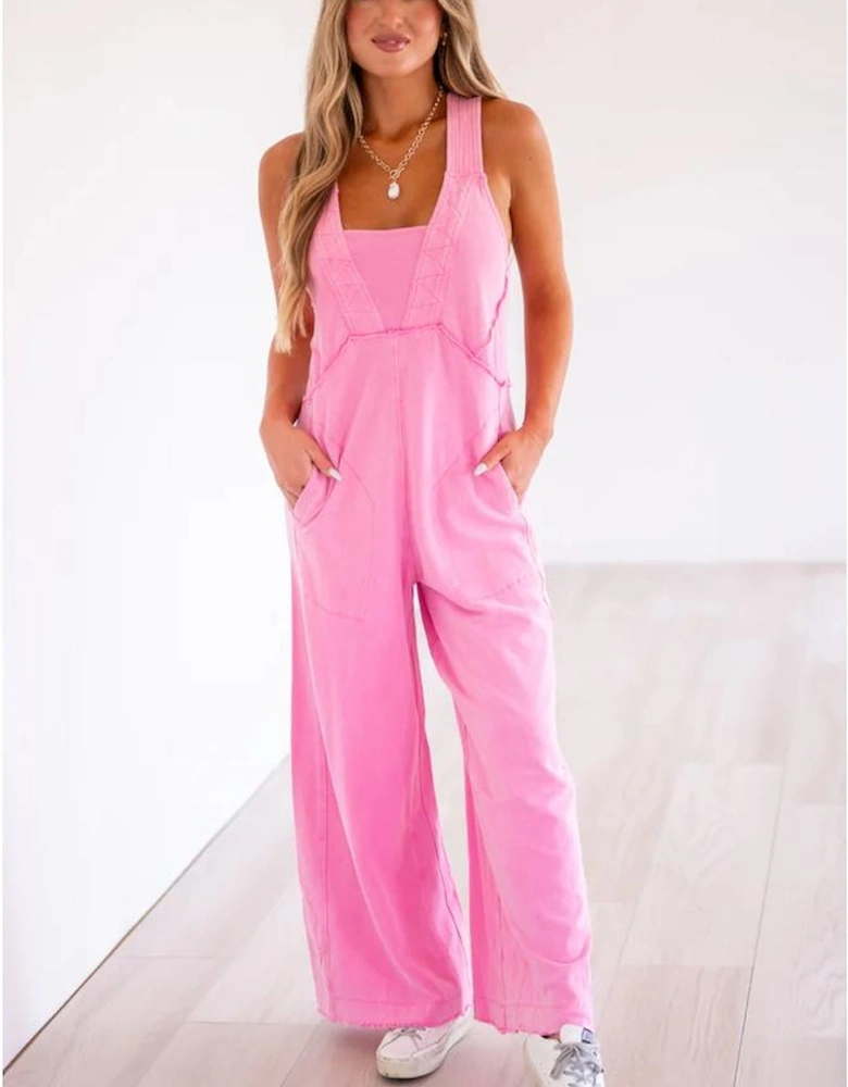 Bonbon Mineral Wash Raw Seam Patchwork Wide Leg Loose Jumpsuit