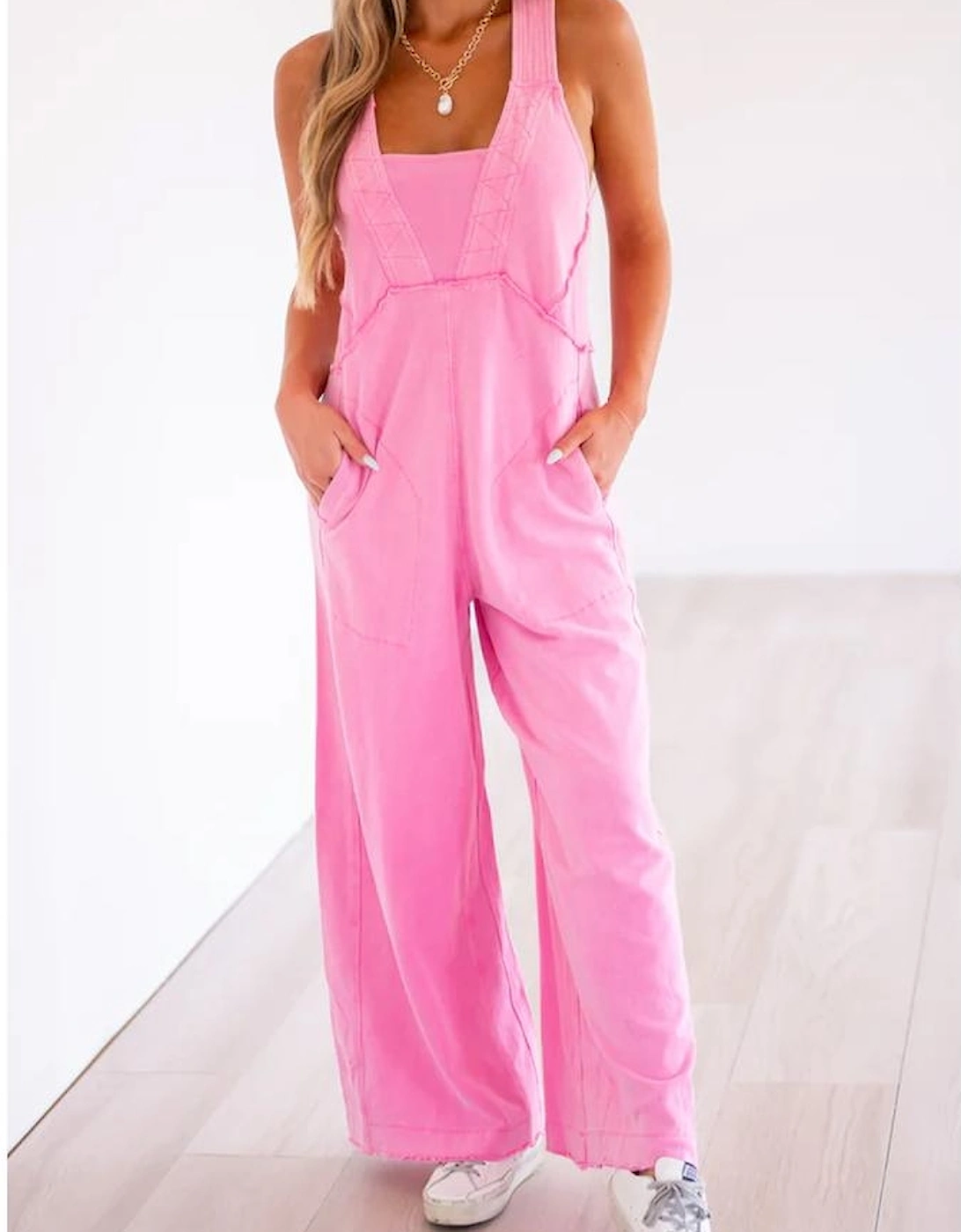 Bonbon Mineral Wash Raw Seam Patchwork Wide Leg Loose Jumpsuit