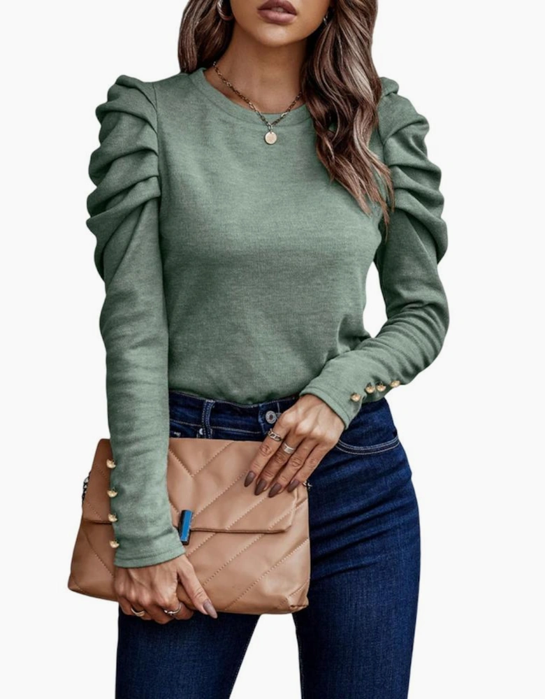 Green Buttoned Puff Long Sleeve Sheath Top