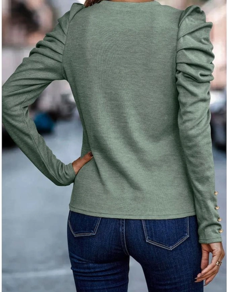 Green Buttoned Puff Long Sleeve Sheath Top