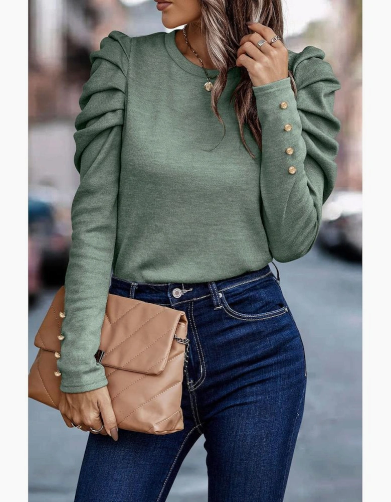 Green Buttoned Puff Long Sleeve Sheath Top