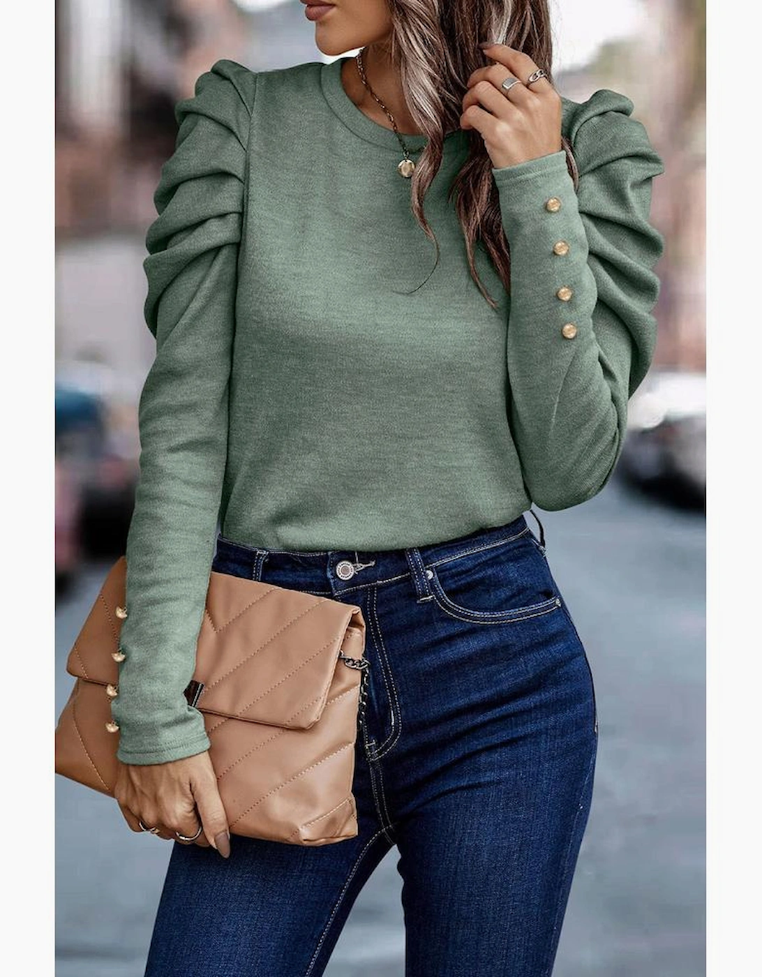 Green Buttoned Puff Long Sleeve Sheath Top