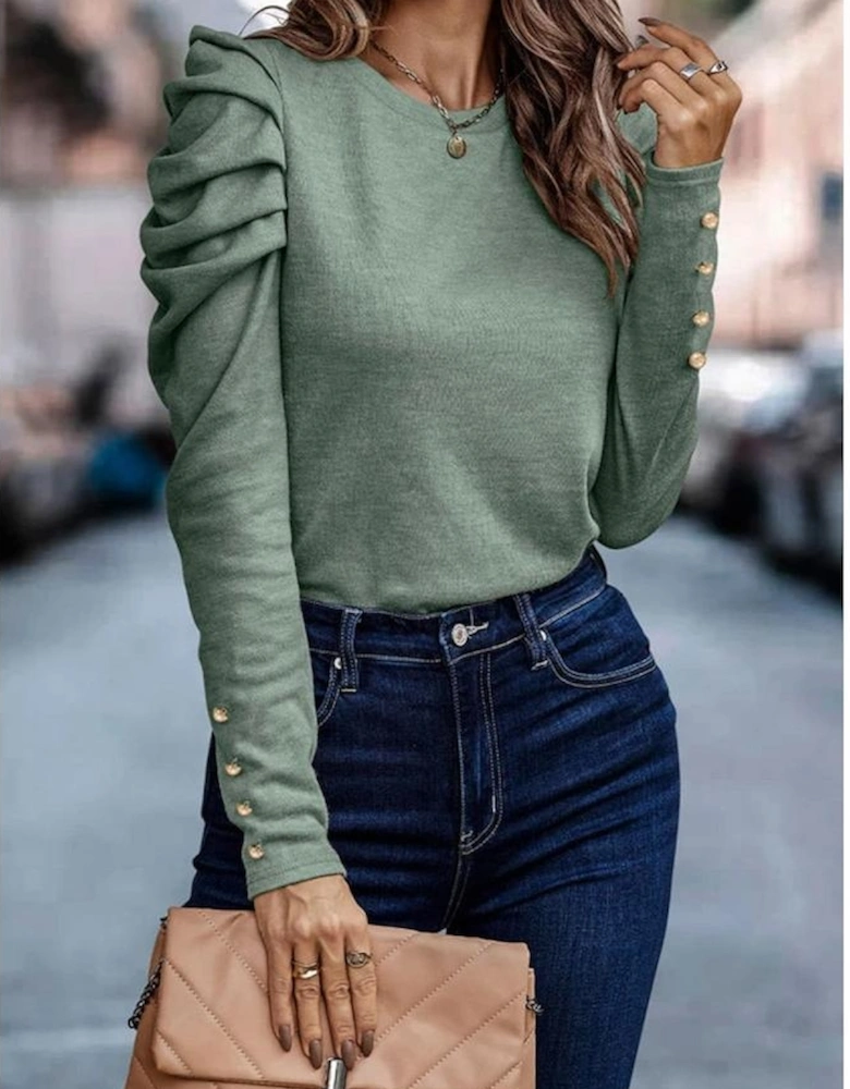 Green Buttoned Puff Long Sleeve Sheath Top