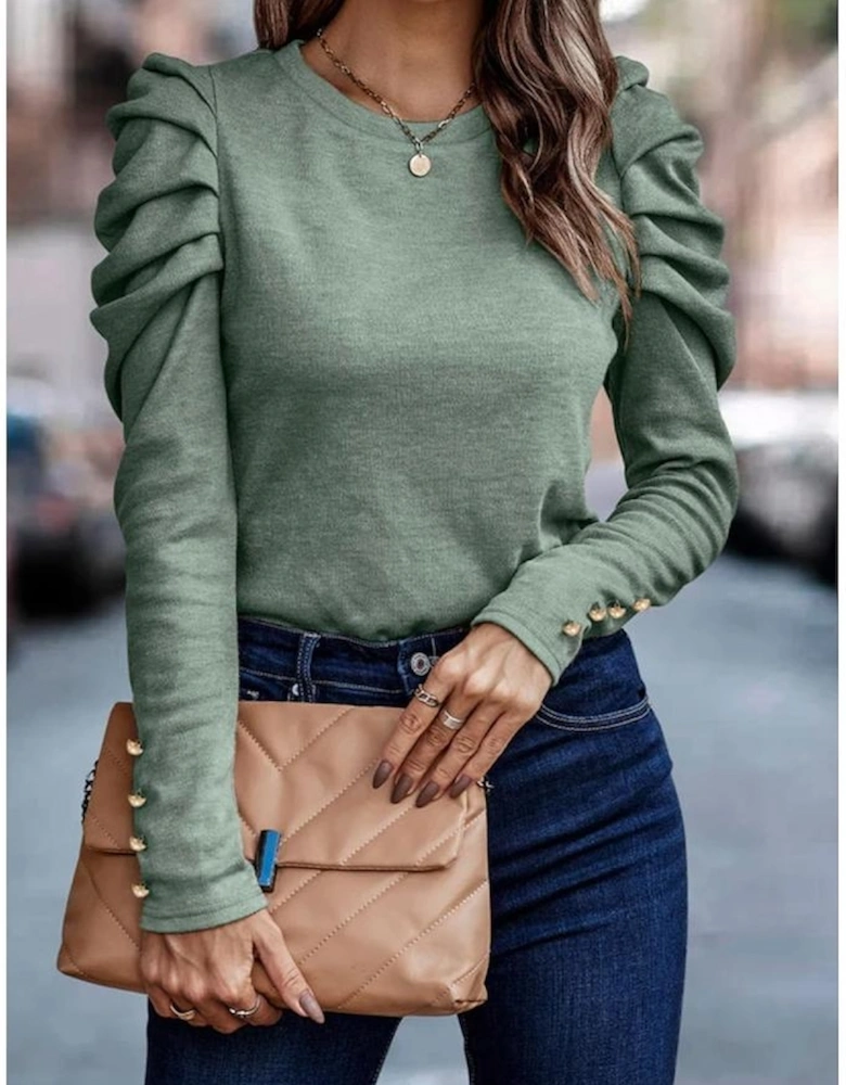 Green Buttoned Puff Long Sleeve Sheath Top