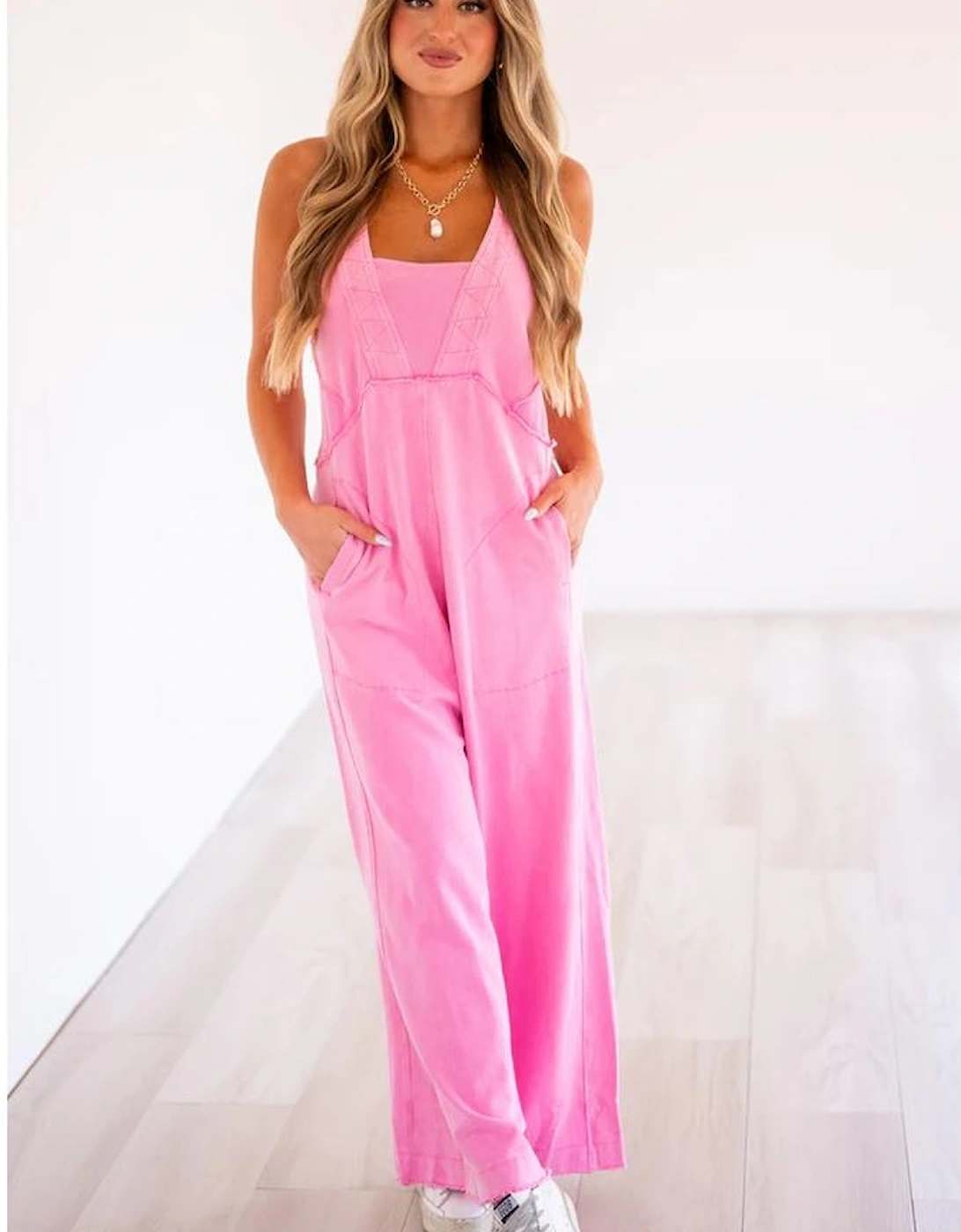 Bonbon Mineral Wash Raw Seam Patchwork Wide Leg Loose Jumpsuit