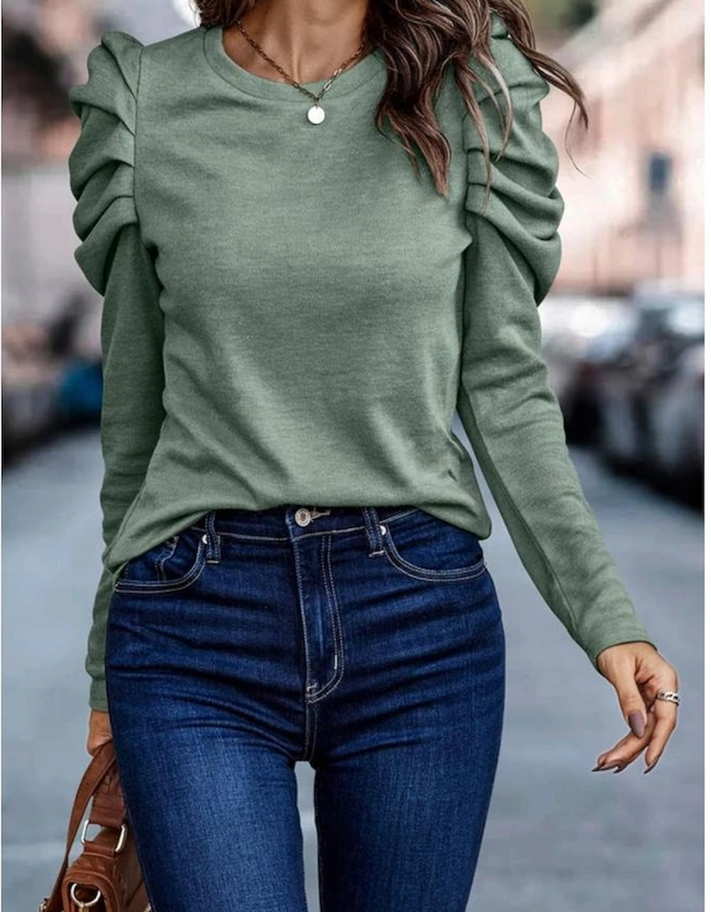 Green Buttoned Puff Long Sleeve Sheath Top