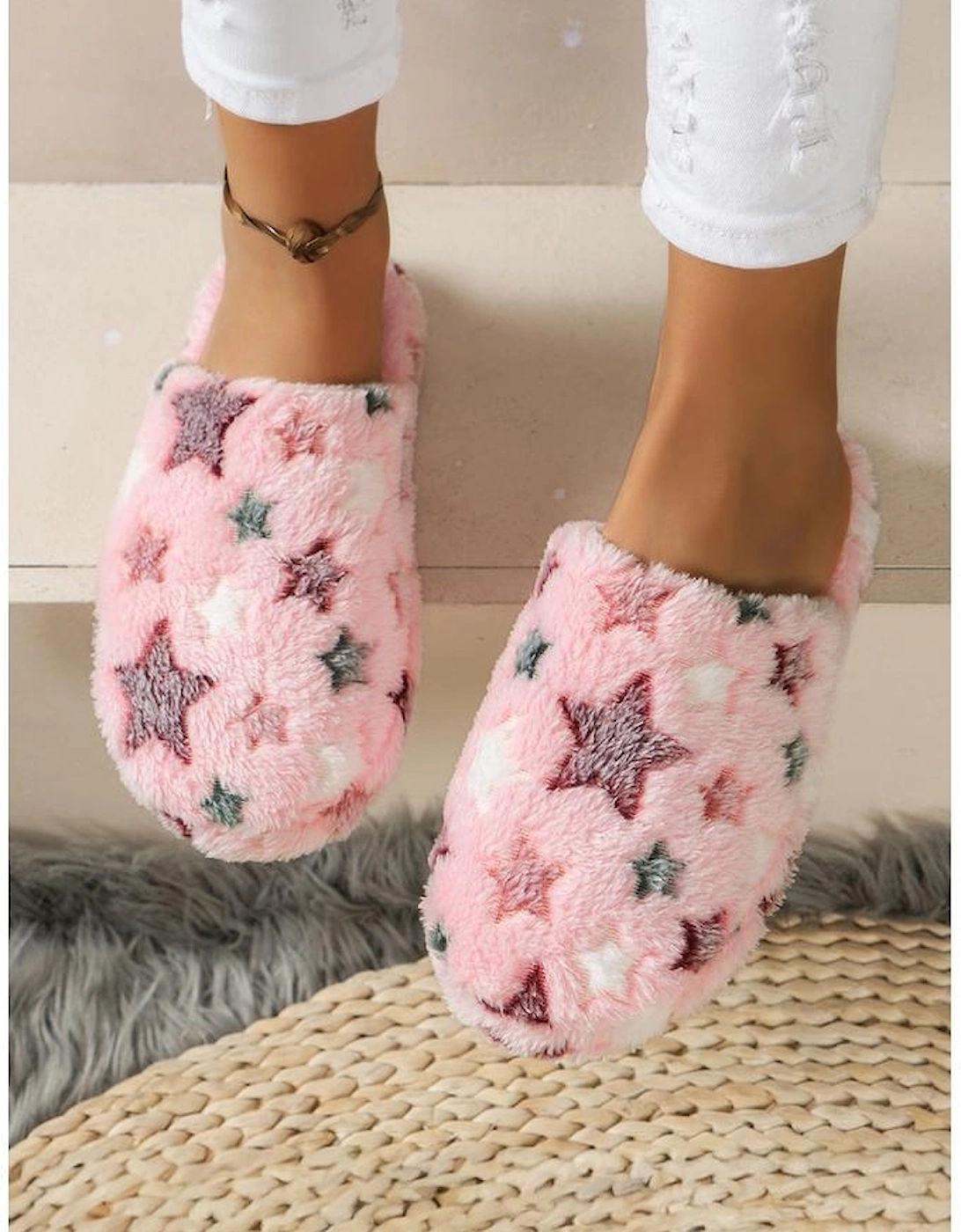 Azura Exchange Pink Star Pattern Plush Home Slippers