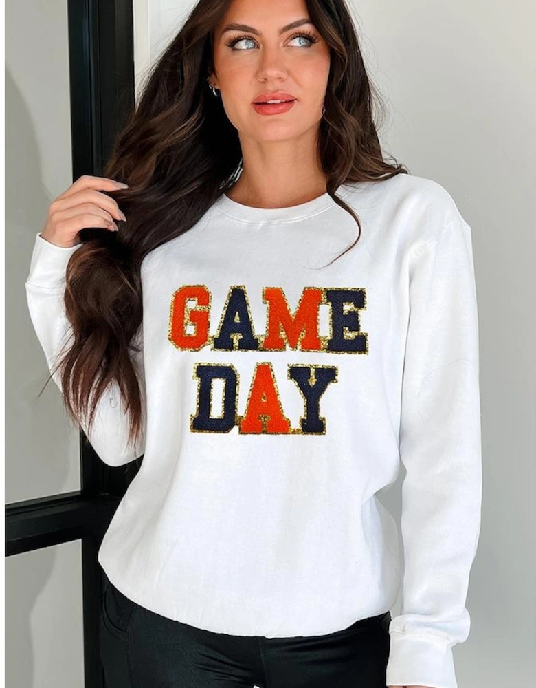 White GAME DAY Chenille Letter Graphic Sweatshirt