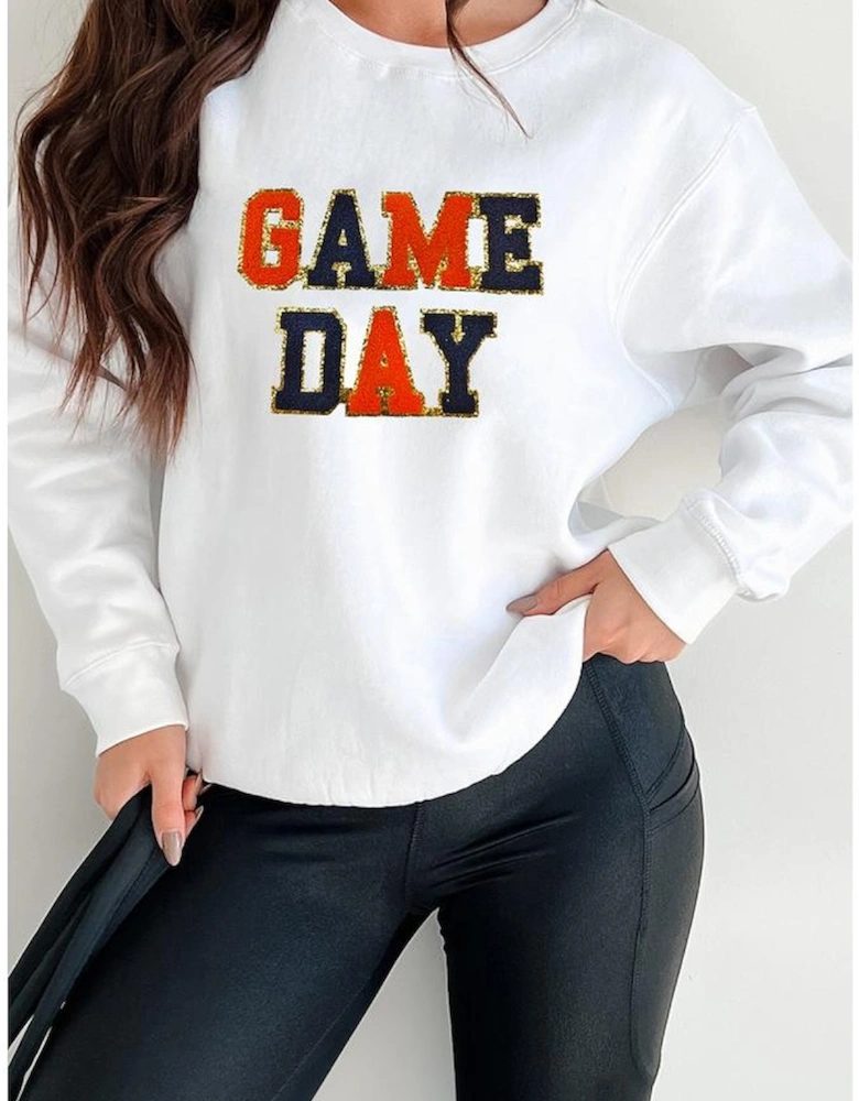 White GAME DAY Chenille Letter Graphic Sweatshirt