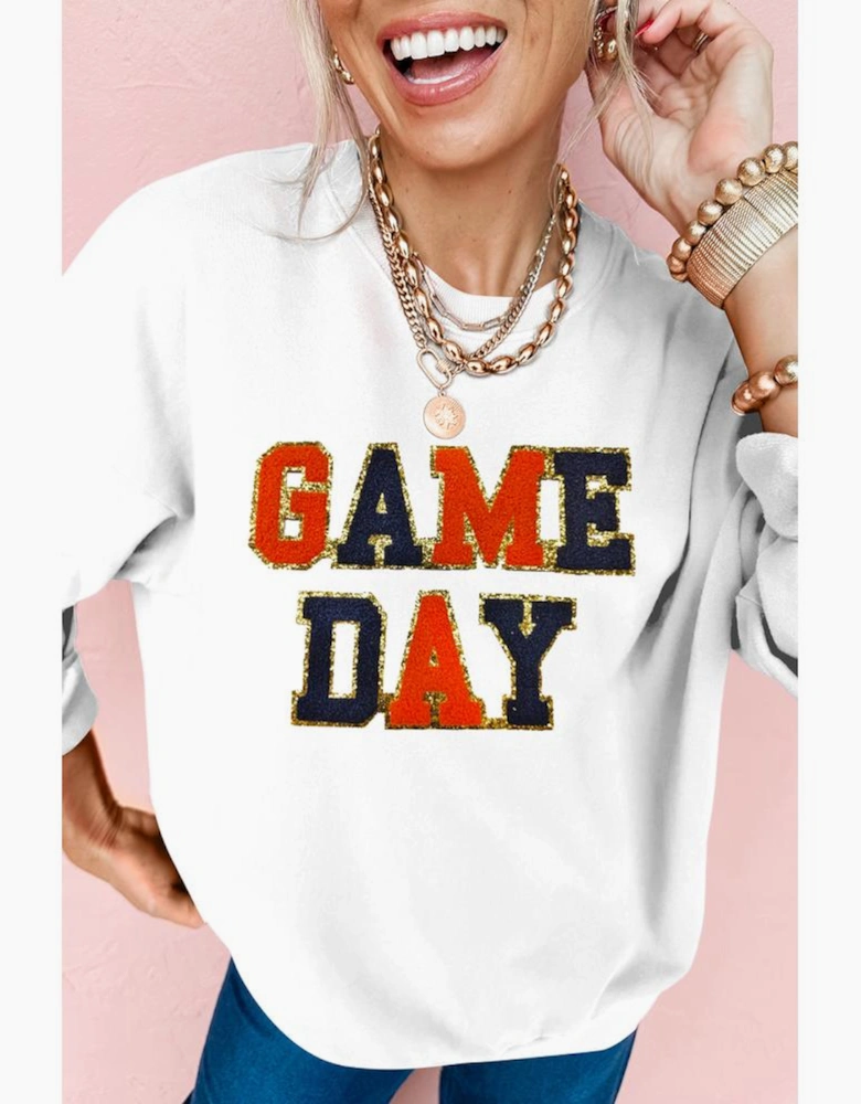 White GAME DAY Chenille Letter Graphic Sweatshirt