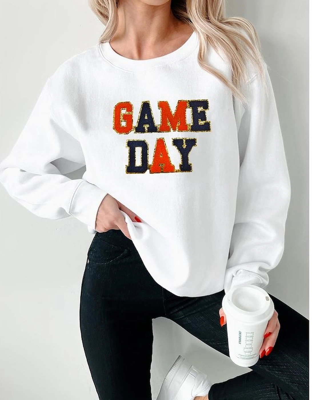 White GAME DAY Chenille Letter Graphic Sweatshirt