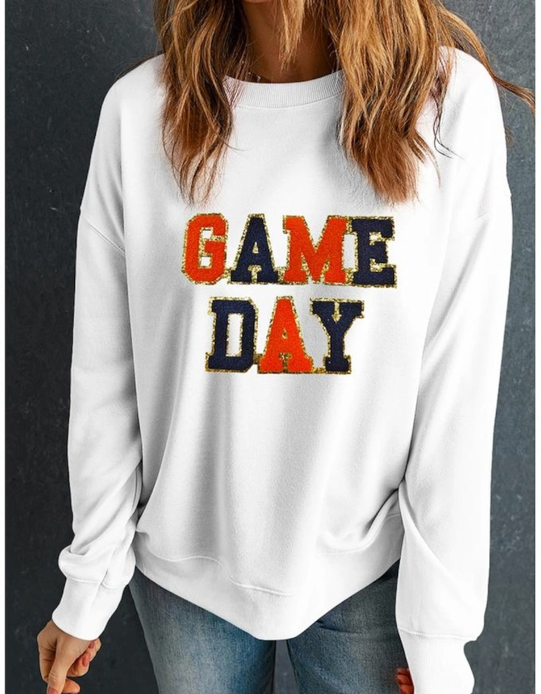 White GAME DAY Chenille Letter Graphic Sweatshirt