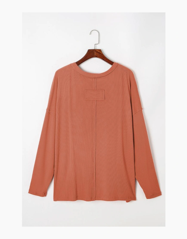 Gold Flame Plus Size Exposed Seam V Neck Long Sleeve Top