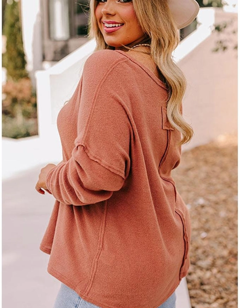 Gold Flame Plus Size Exposed Seam V Neck Long Sleeve Top