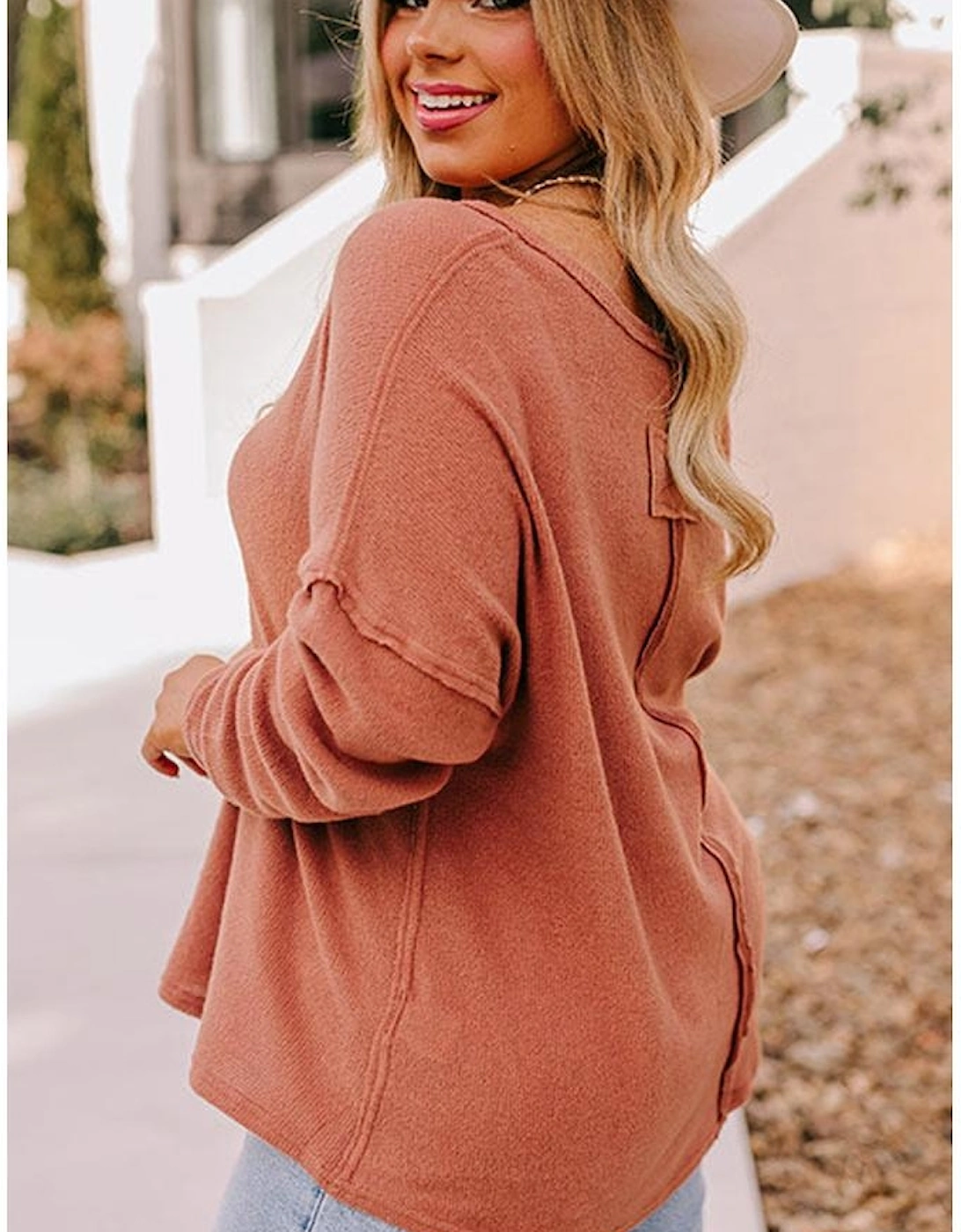 Gold Flame Plus Size Exposed Seam V Neck Long Sleeve Top