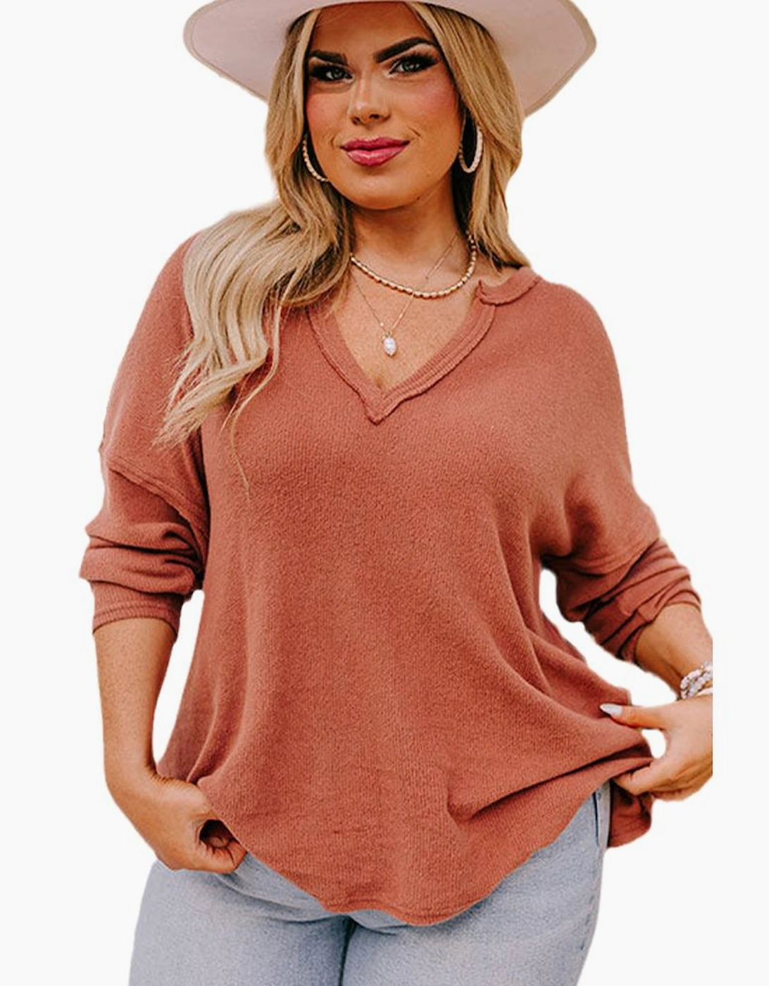 Gold Flame Plus Size Exposed Seam V Neck Long Sleeve Top
