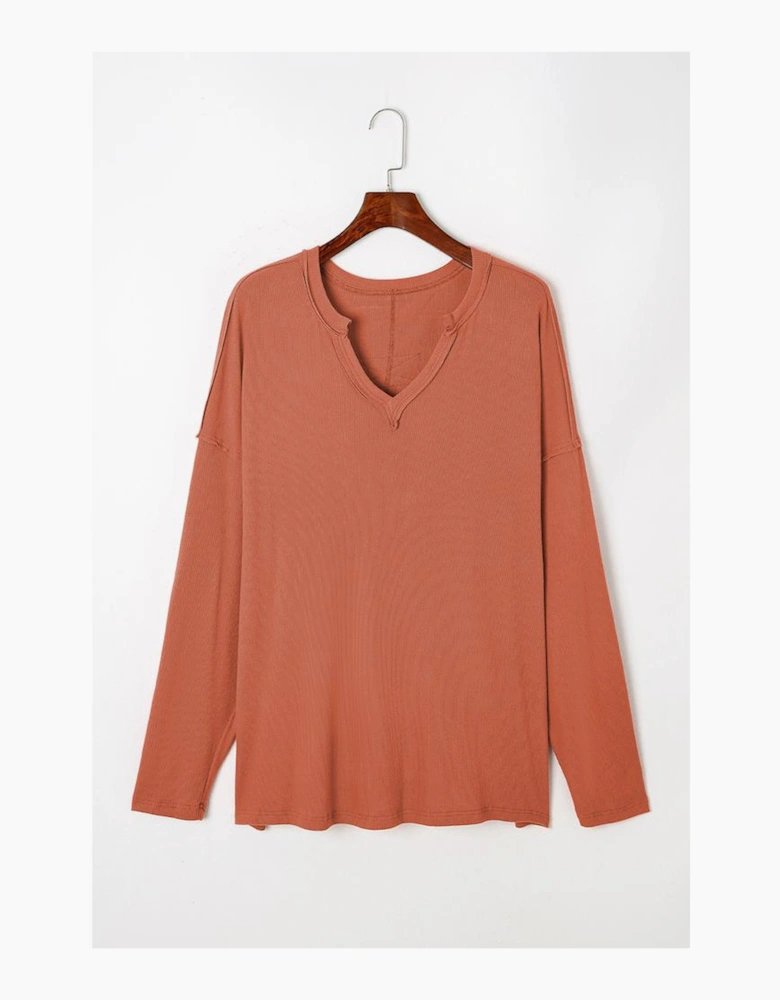 Gold Flame Plus Size Exposed Seam V Neck Long Sleeve Top