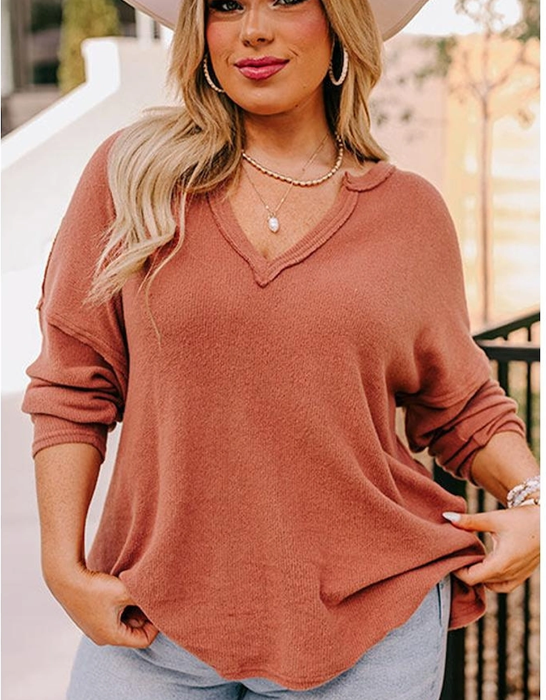 Gold Flame Plus Size Exposed Seam V Neck Long Sleeve Top