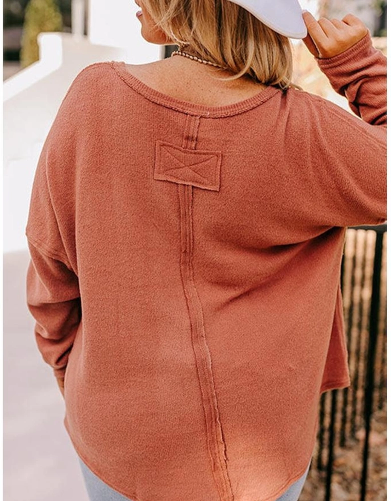 Gold Flame Plus Size Exposed Seam V Neck Long Sleeve Top