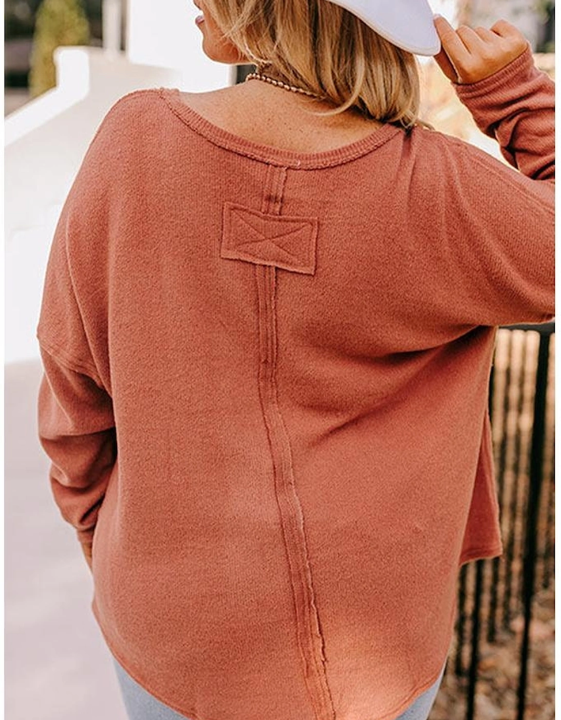 Gold Flame Plus Size Exposed Seam V Neck Long Sleeve Top