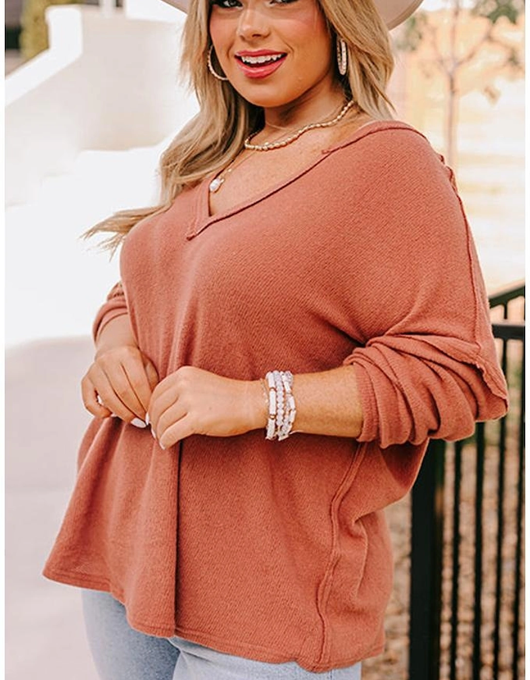 Gold Flame Plus Size Exposed Seam V Neck Long Sleeve Top