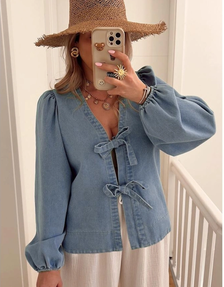 Dusk Blue Tied Front Long Puff Sleeve Denim Top