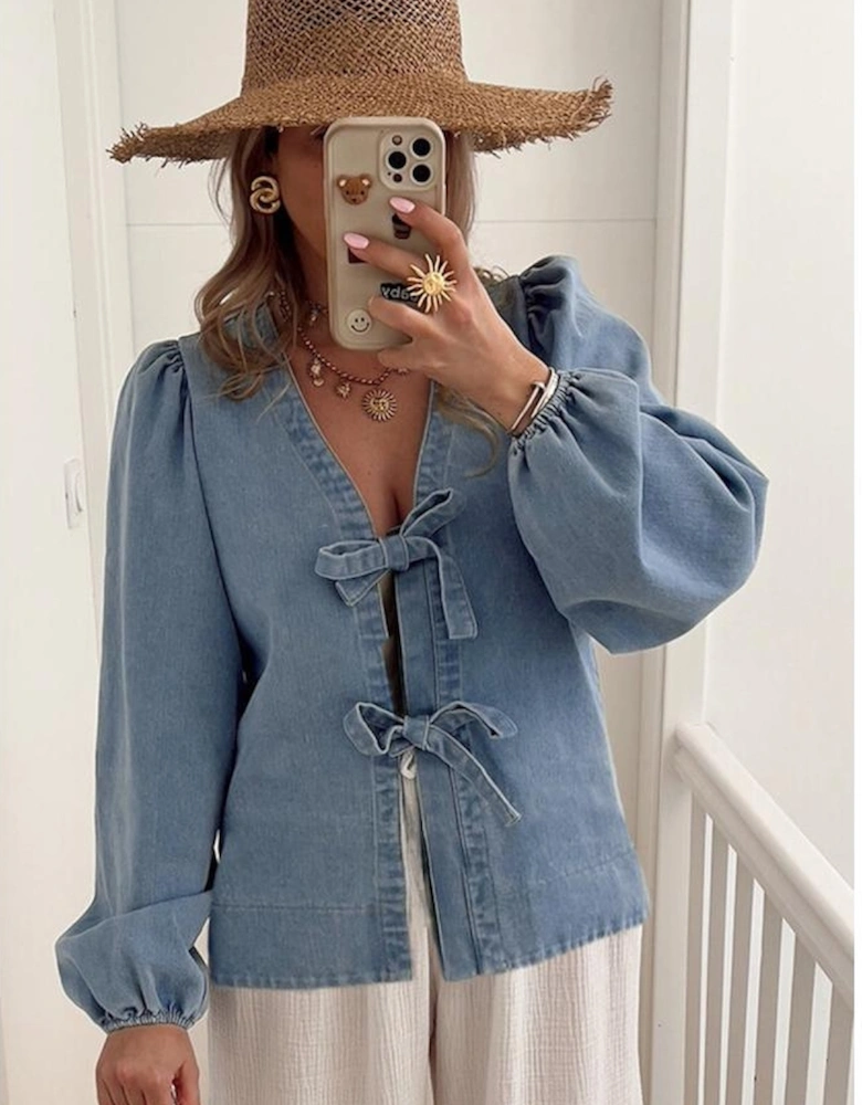 Dusk Blue Tied Front Long Puff Sleeve Denim Top
