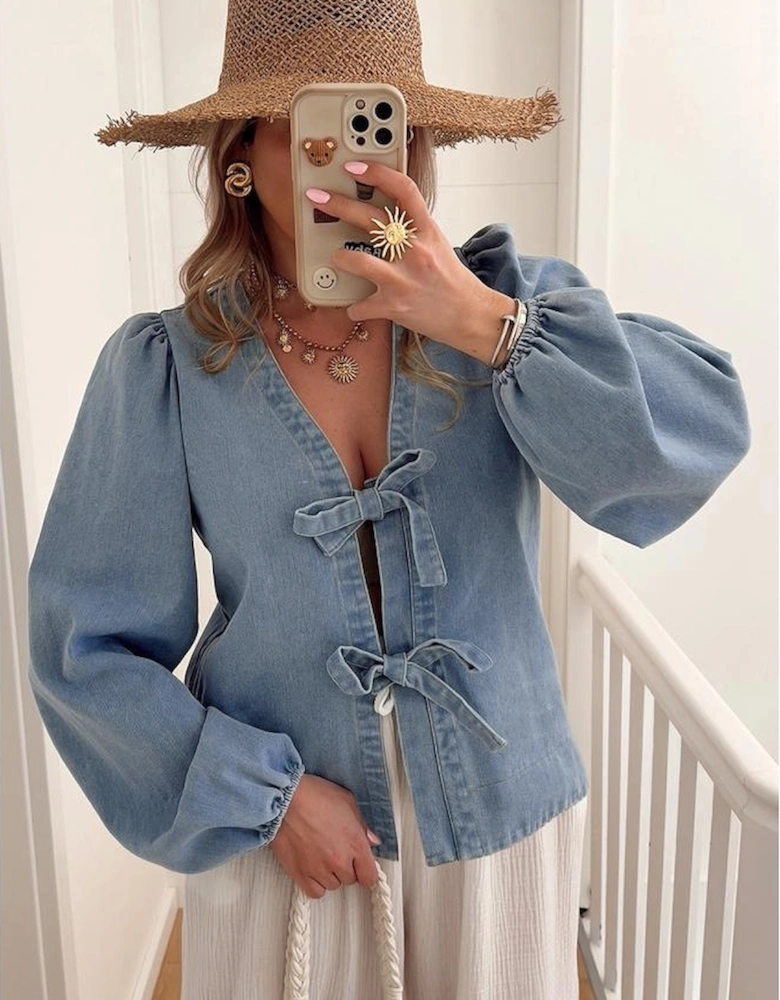 Dusk Blue Tied Front Long Puff Sleeve Denim Top