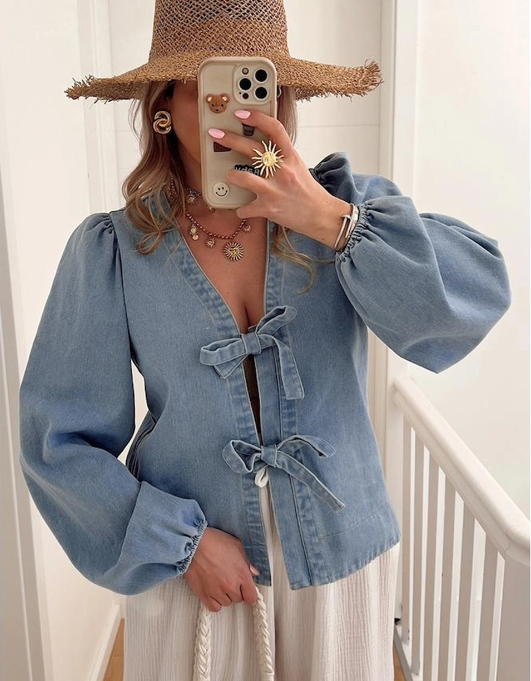 Dusk Blue Tied Front Long Puff Sleeve Denim Top