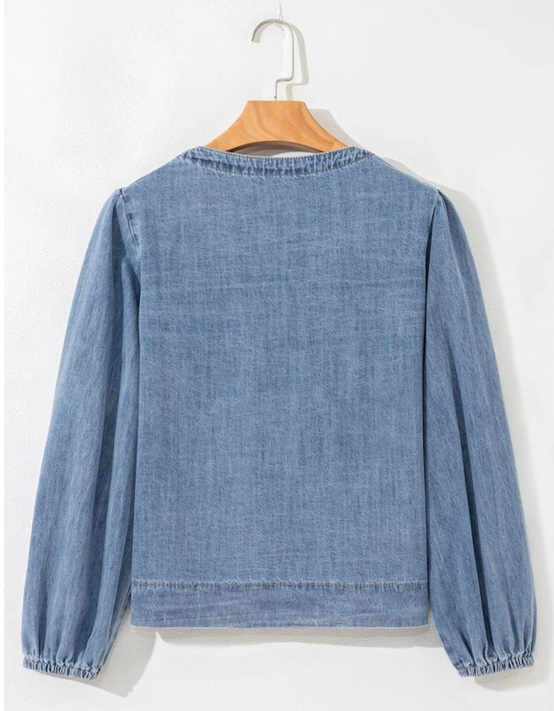 Dusk Blue Tied Front Long Puff Sleeve Denim Top
