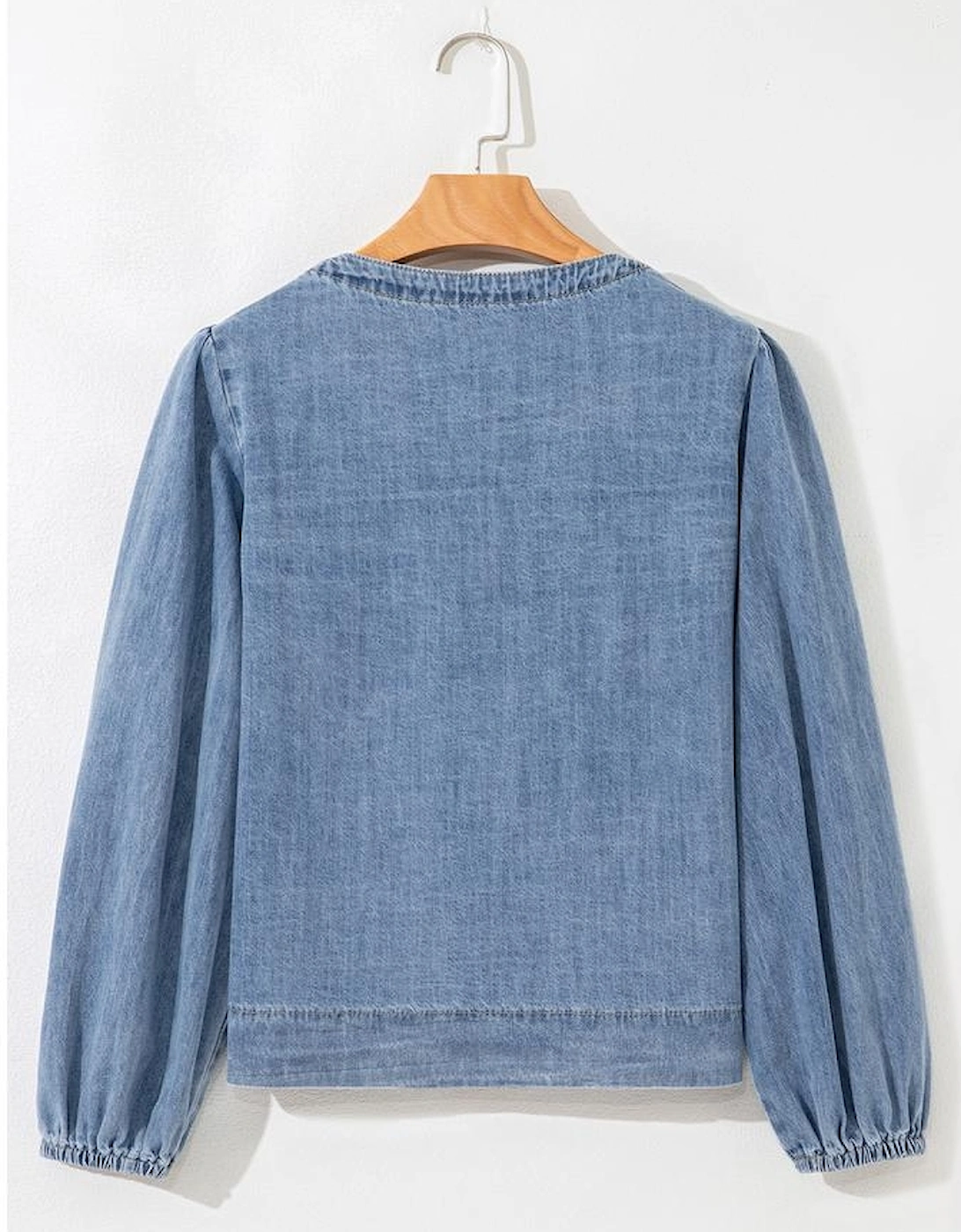 Dusk Blue Tied Front Long Puff Sleeve Denim Top