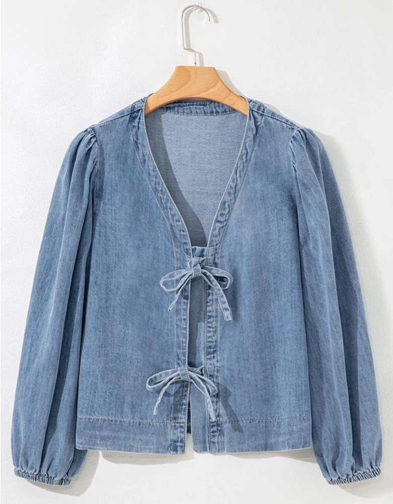 Dusk Blue Tied Front Long Puff Sleeve Denim Top