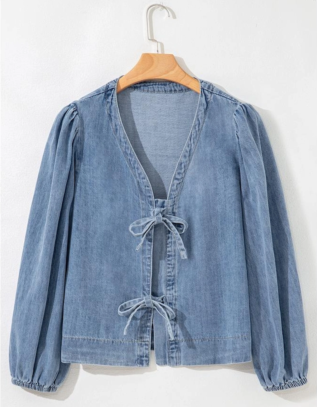 Dusk Blue Tied Front Long Puff Sleeve Denim Top