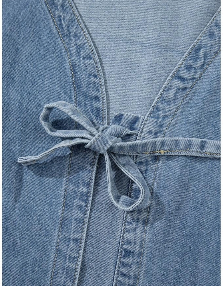 Dusk Blue Tied Front Long Puff Sleeve Denim Top