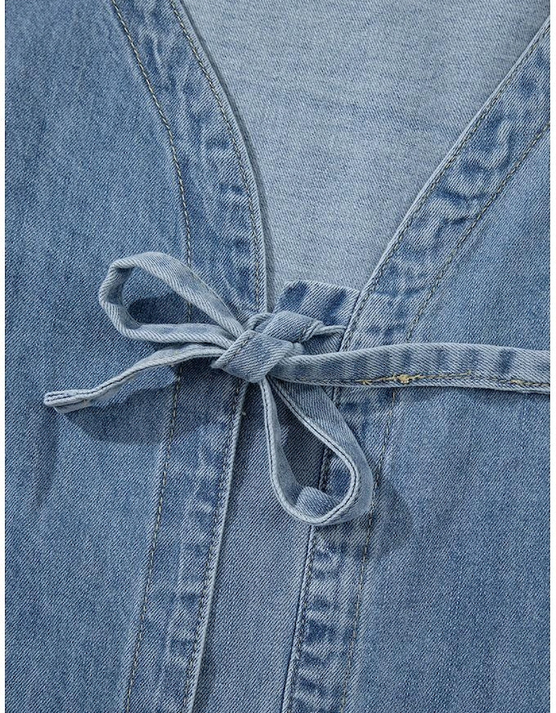 Dusk Blue Tied Front Long Puff Sleeve Denim Top