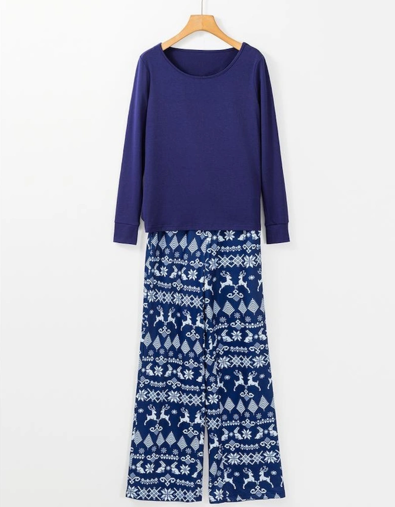 Blue Solid Top and Christmas Pants Two Piece Lounge Set
