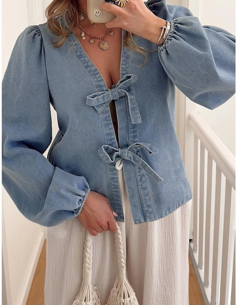 Dusk Blue Tied Front Long Puff Sleeve Denim Top