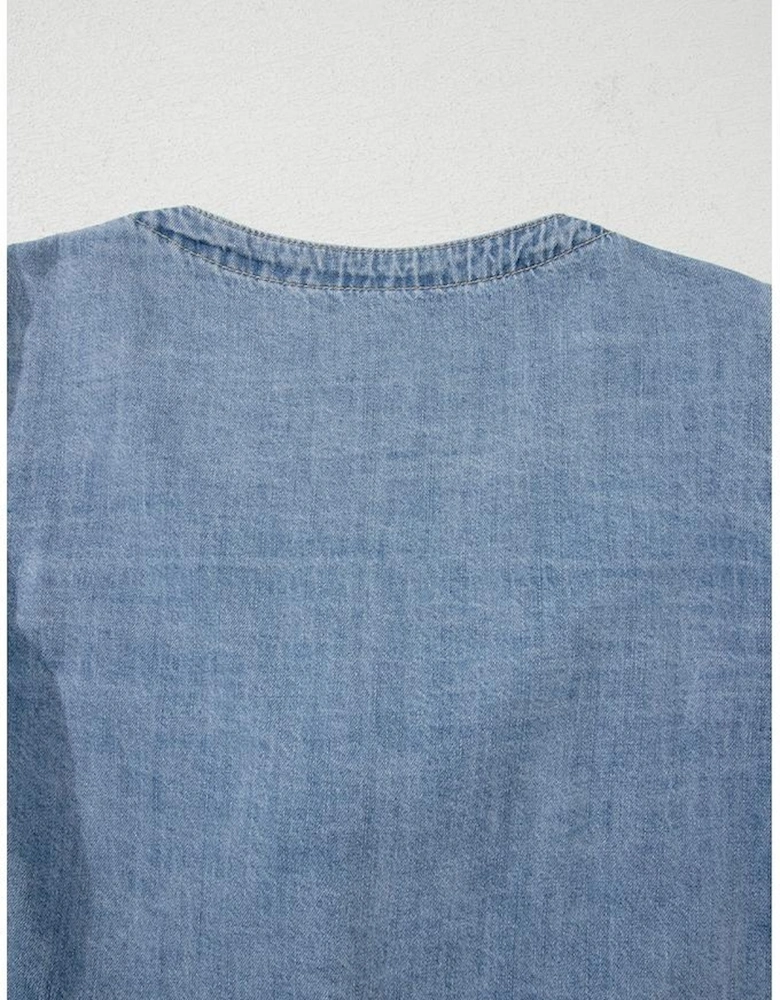 Dusk Blue Tied Front Long Puff Sleeve Denim Top