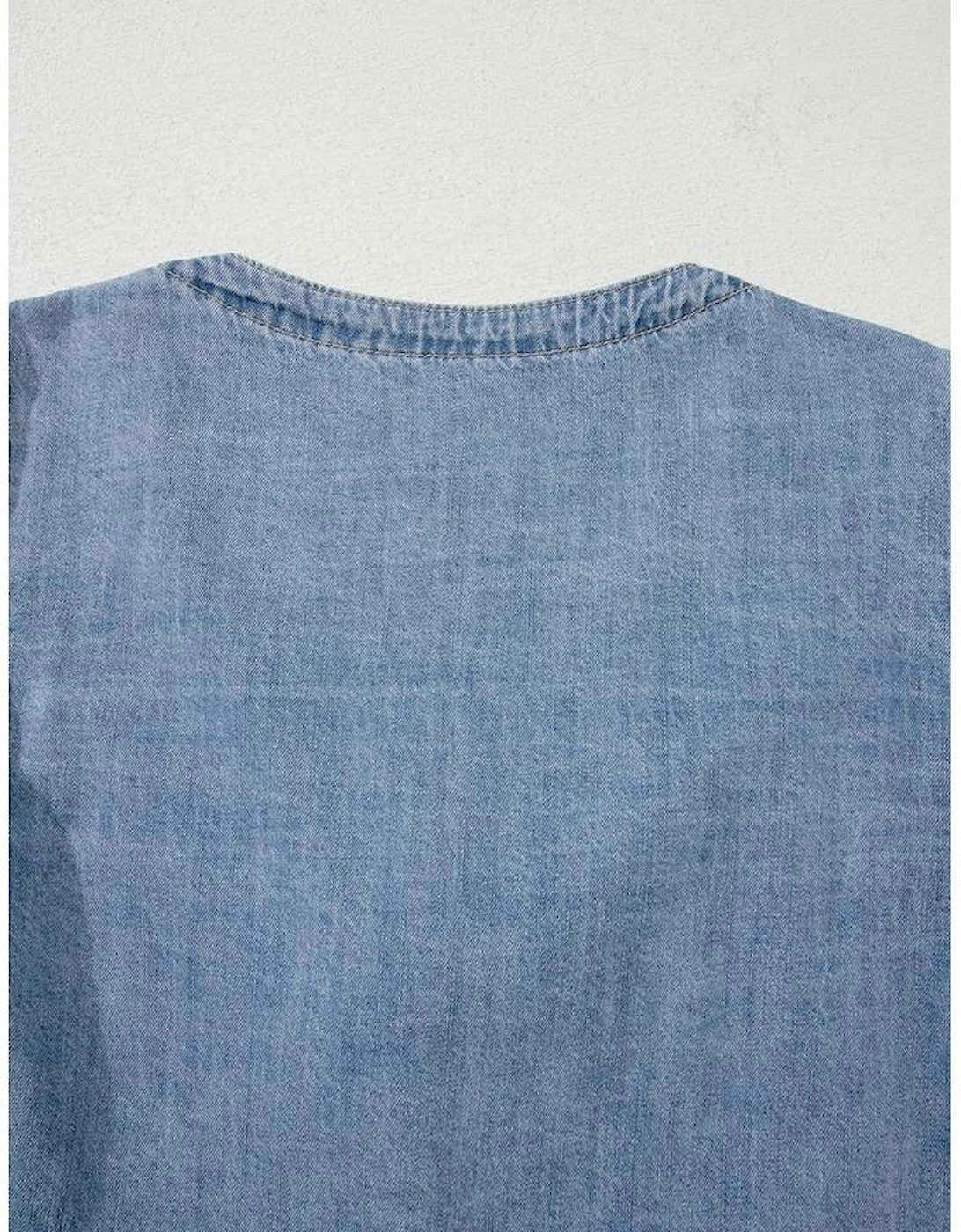 Dusk Blue Tied Front Long Puff Sleeve Denim Top