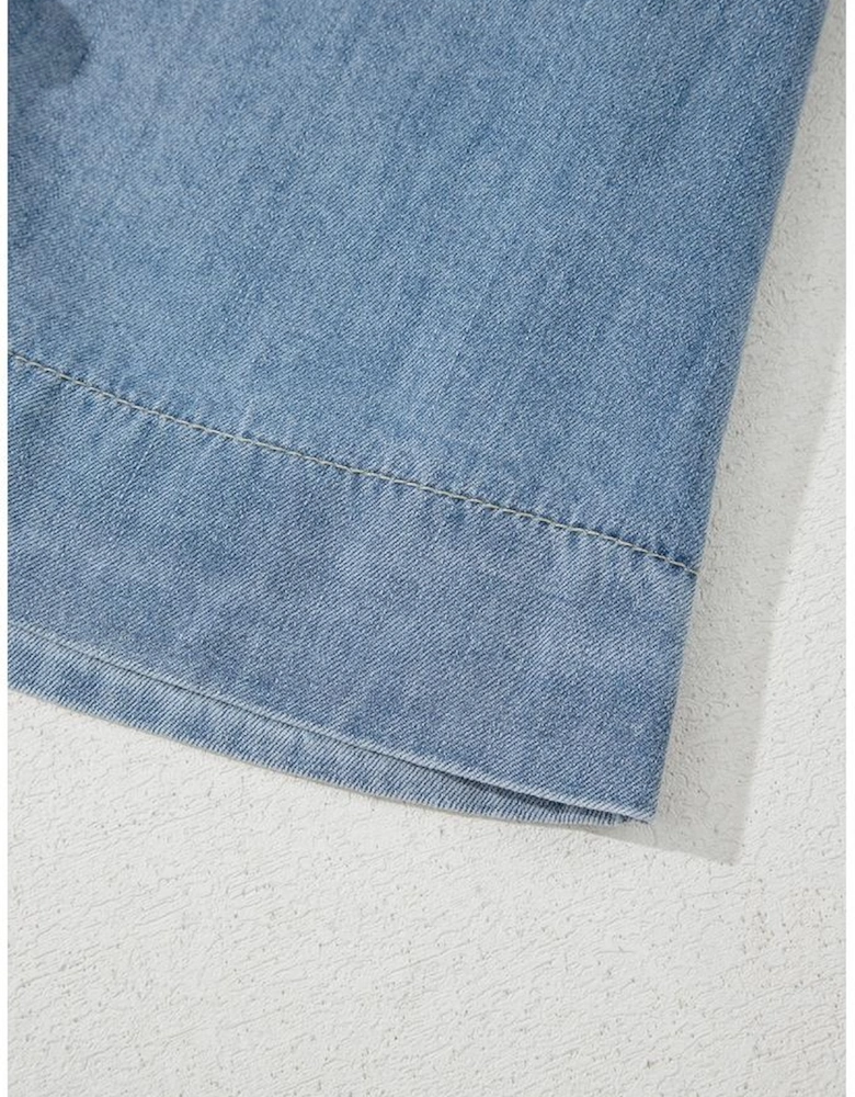 Dusk Blue Tied Front Long Puff Sleeve Denim Top