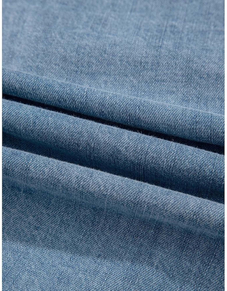 Dusk Blue Tied Front Long Puff Sleeve Denim Top