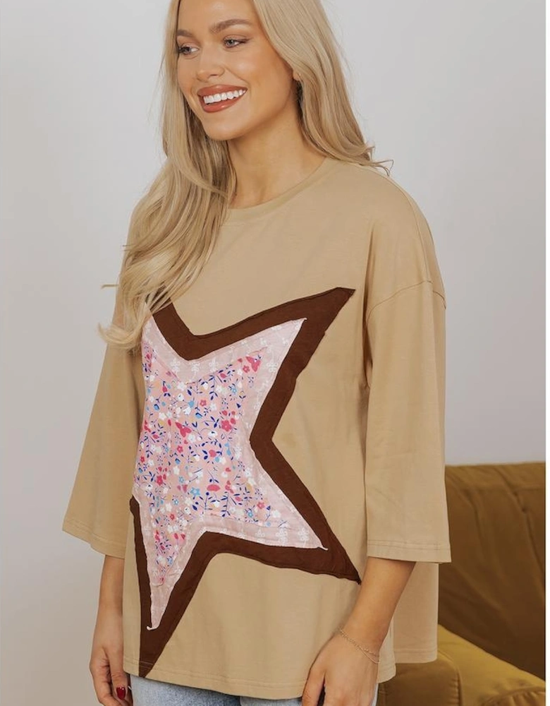 Camel Floral Star Patchwork 3/4 Long Sleeve Top