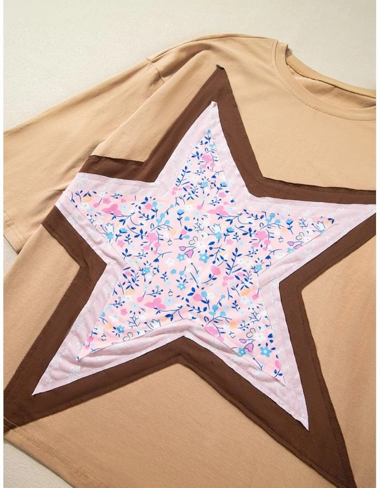 Camel Floral Star Patchwork 3/4 Long Sleeve Top