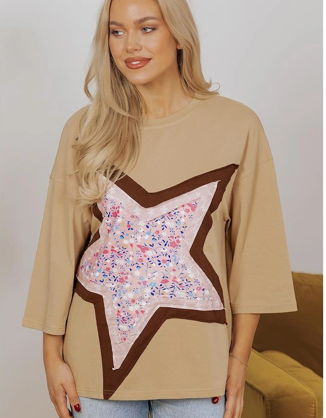 Camel Floral Star Patchwork 3/4 Long Sleeve Top