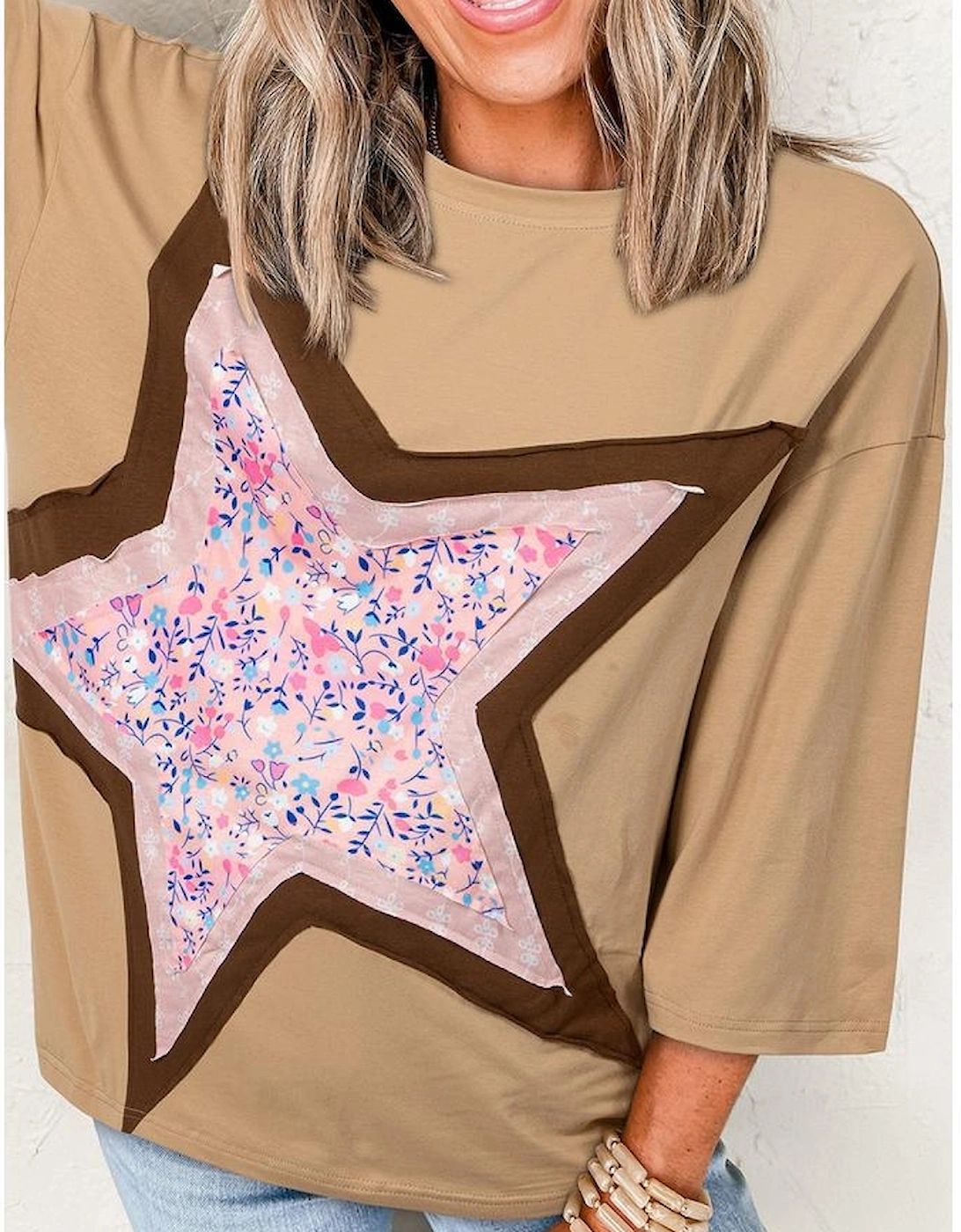 Camel Floral Star Patchwork 3/4 Long Sleeve Top