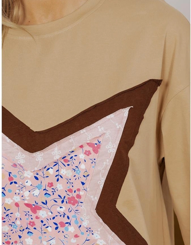 Camel Floral Star Patchwork 3/4 Long Sleeve Top