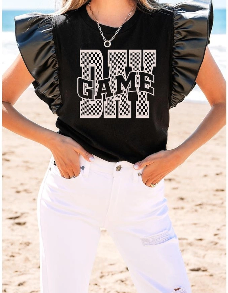 Black GAME DAY Checkered Letter Graphic Leatherette Ruffle Sleeve Top