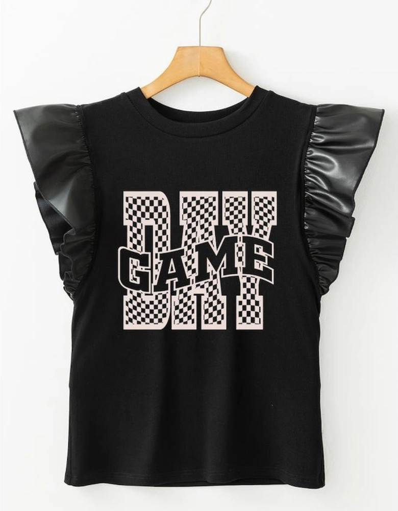 Black GAME DAY Checkered Letter Graphic Leatherette Ruffle Sleeve Top